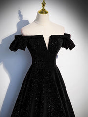 A-Line Off Shoulder Velvet Black Long Prom Dresses For Black girls For Women, Black Formal Evening Dress