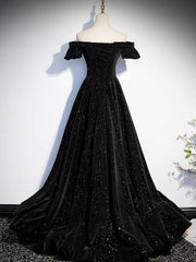 A-Line Off Shoulder Velvet Black Long Prom Dresses For Black girls For Women, Black Formal Evening Dress