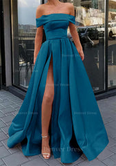 A Line Off The Shoulder Sleeveless Long Floor Length Satin Prom Dress Outfits For Women With Split