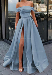 A Line Off The Shoulder Sleeveless Long Floor Length Satin Prom Dress Outfits For Women With Split