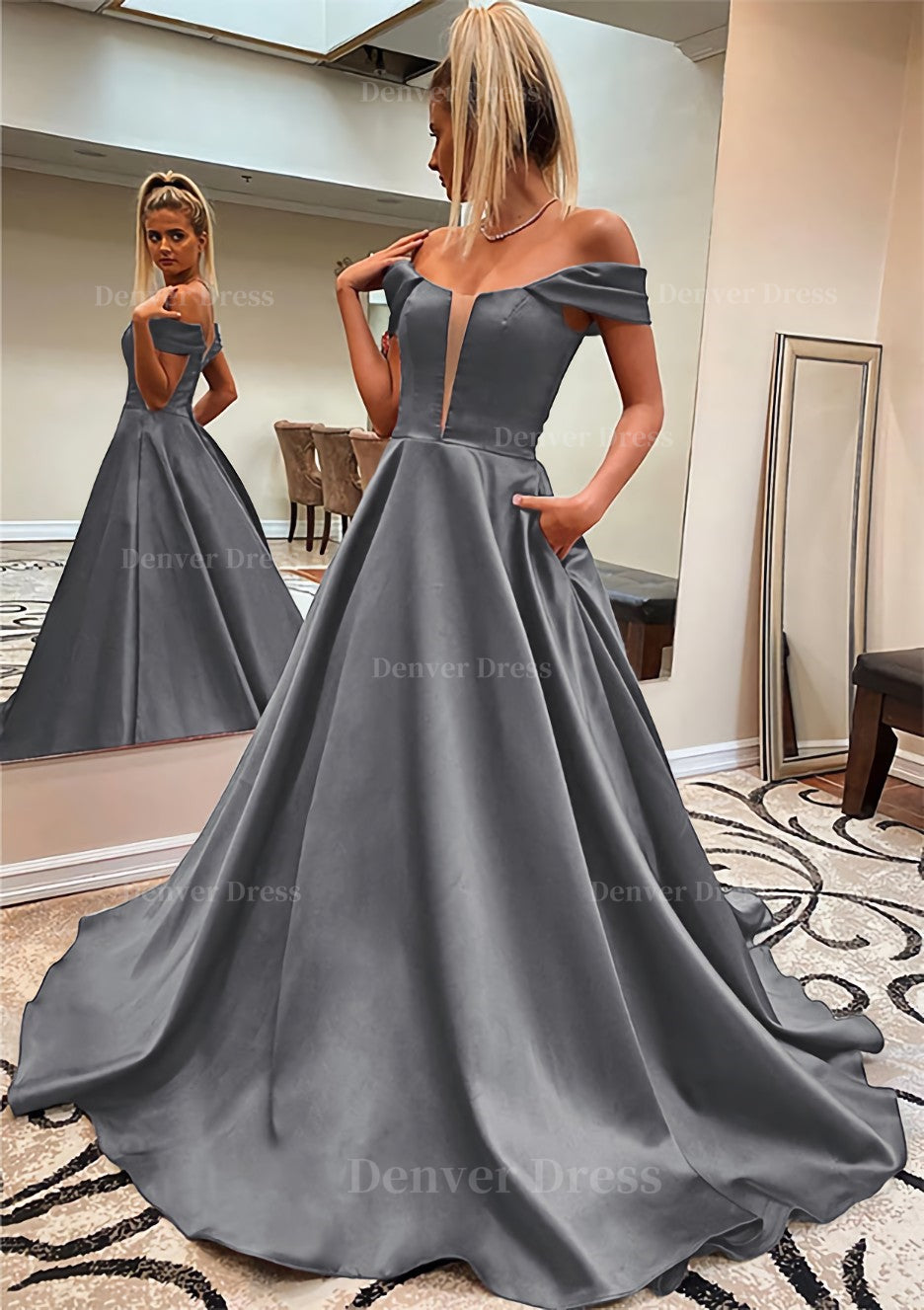 A line Off the Shoulder Sleeveless Satin Sweep Train Prom Dress With P Denver Dress