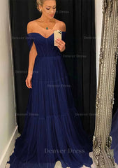 A Line Off The Shoulder Sleeveless Sweep Train Tulle Prom Dress Outfits For Women With Pleated