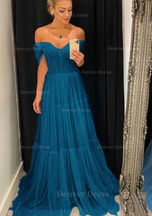 A Line Off The Shoulder Sleeveless Sweep Train Tulle Prom Dress Outfits For Women With Pleated