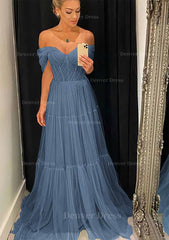 A Line Off The Shoulder Sleeveless Sweep Train Tulle Prom Dress Outfits For Women With Pleated