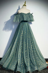 A-Line Off the Shoulder Tulle Long Prom Dress Outfits For Girls, Green Evening Party Dress