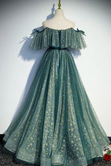 A-Line Off the Shoulder Tulle Long Prom Dress Outfits For Girls, Green Evening Party Dress