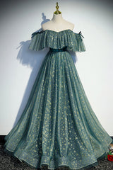 A-Line Off the Shoulder Tulle Long Prom Dress Outfits For Girls, Green Evening Party Dress