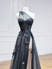 A-Line One Shoulder Tulle Black Long Prom Dress Outfits For Girls, Black Formal Evening Dress