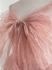 A-Line Pink Tulle Sequin Long Prom Dresses For Black girls For Women, Pink Formal Evening Dresses