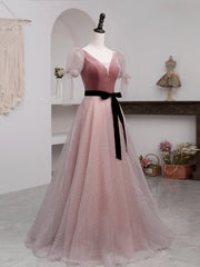 A-Line Pink Tulle Velvet Long Prom Dress Outfits For Girls, Pink Formal Dresses