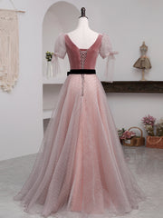 A-Line Pink Tulle Velvet Long Prom Dress Outfits For Girls, Pink Formal Dresses