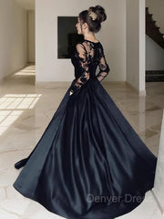 A-Line Bateau Sweep Train Satin Evening Dresses For Black girls With Pockets