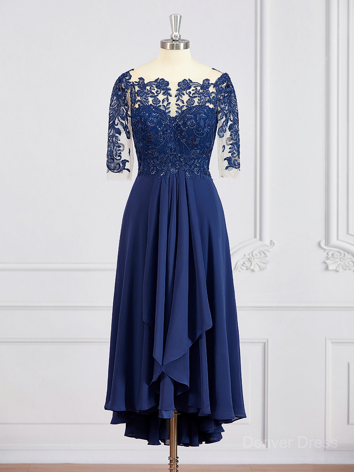 A-Line Bateau Tea-Length Chiffon Mother of the Bride Dresses For Black girls With Appliques Lace