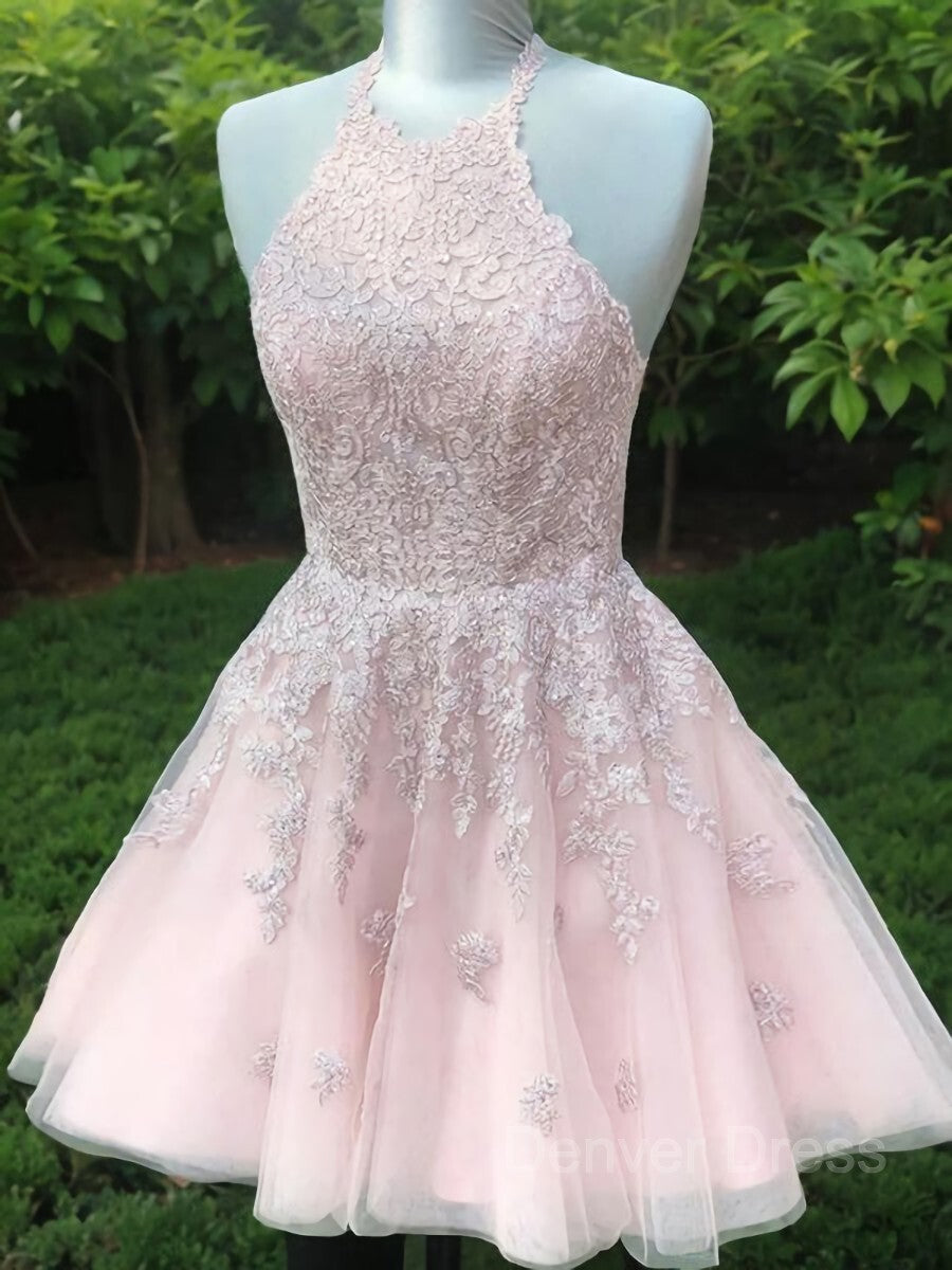 A-Line Halter Short Tulle Homecoming Dresses For Black girls With Appliques Lace