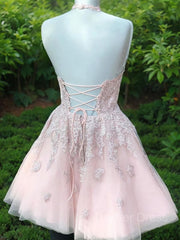 A-Line Halter Short Tulle Homecoming Dresses For Black girls With Appliques Lace