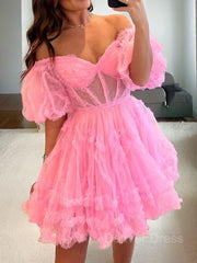 A-Line Off-the-Shoulder Corset Short Tulle Homecoming Dresses For Black girls With Ruffles