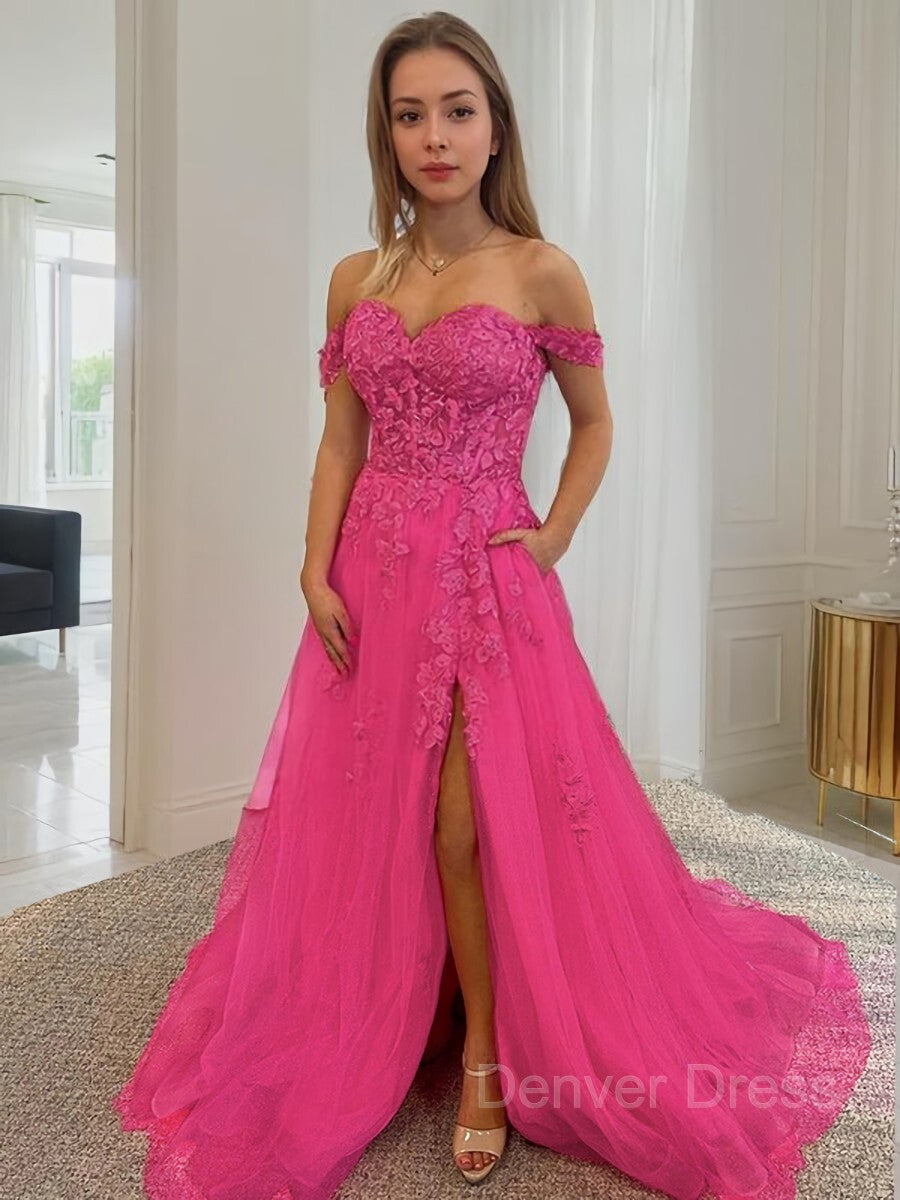 A-Line Off-the-Shoulder Court Train Tulle Prom Dresses For Black girls With Leg Slit