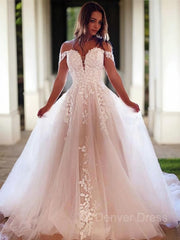 A-Line Off-the-Shoulder Court Train Tulle Wedding Dresses