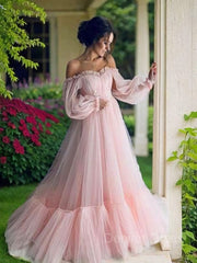 A-Line Off-the-Shoulder Floor-Length Tulle Prom Dresses For Black girls With Appliques Lace