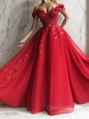 A-Line Off-the-Shoulder Floor-Length Tulle Prom Dresses For Black girls With Appliques Lace