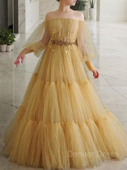 A-Line Off-the-Shoulder Floor-Length Tulle Prom Dresses For Black girls With Beading