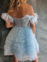 A-Line Off-the-Shoulder Knee-Length Tulle Homecoming Dress Outfits For Women with Cascading Ruffles