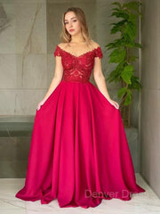 A-Line Off-the-Shoulder Sweep Train Elastic Woven Satin Evening Dresses For Black girls With Appliques Lace