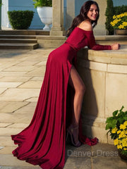 A-Line Off-the-Shoulder Sweep Train Jersey Prom Dresses For Black girls With Leg Slit