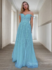 A-Line Off-the-Shoulder Sweep Train Tulle Prom Dresses For Black girls With Appliques Lace
