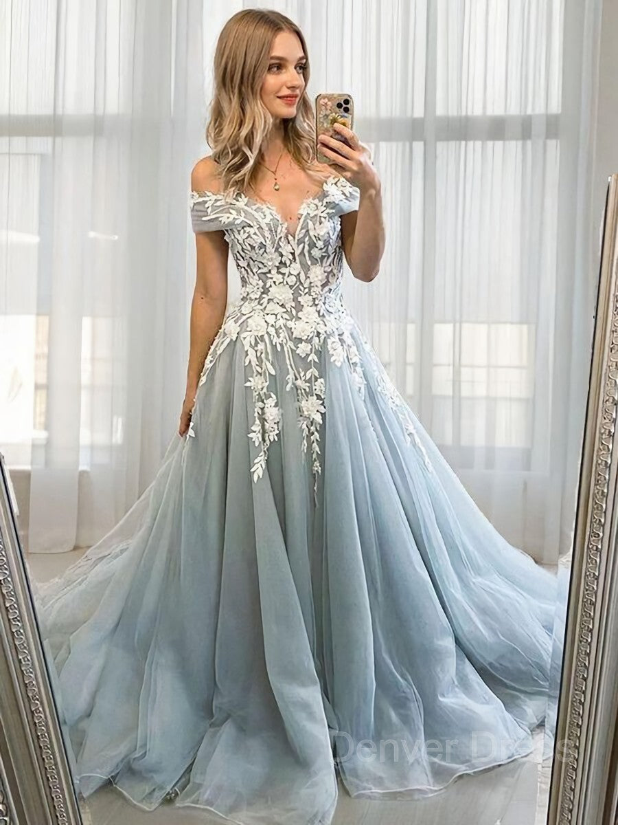 A-Line Off-the-Shoulder Sweep Train Tulle Prom Dresses For Black girls With Appliques Lace