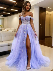A-Line Off-the-Shoulder Sweep Train Tulle Prom Dresses For Black girls With Leg Slit