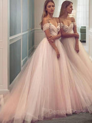 A-Line Off-the-Shoulder Sweep Train Tulle Prom Dresses For Black girls With Ruffles