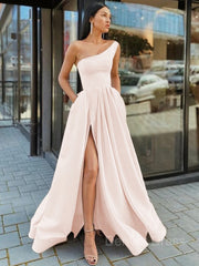 A-Line One-Shoulder Floor-Length Satin Prom Dresses For Black girls With Leg Slit