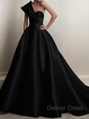 A-Line One-Shoulder Sweep Train Satin Prom Dresses For Black girls With Ruffles