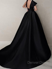 A-Line One-Shoulder Sweep Train Satin Prom Dresses For Black girls With Ruffles