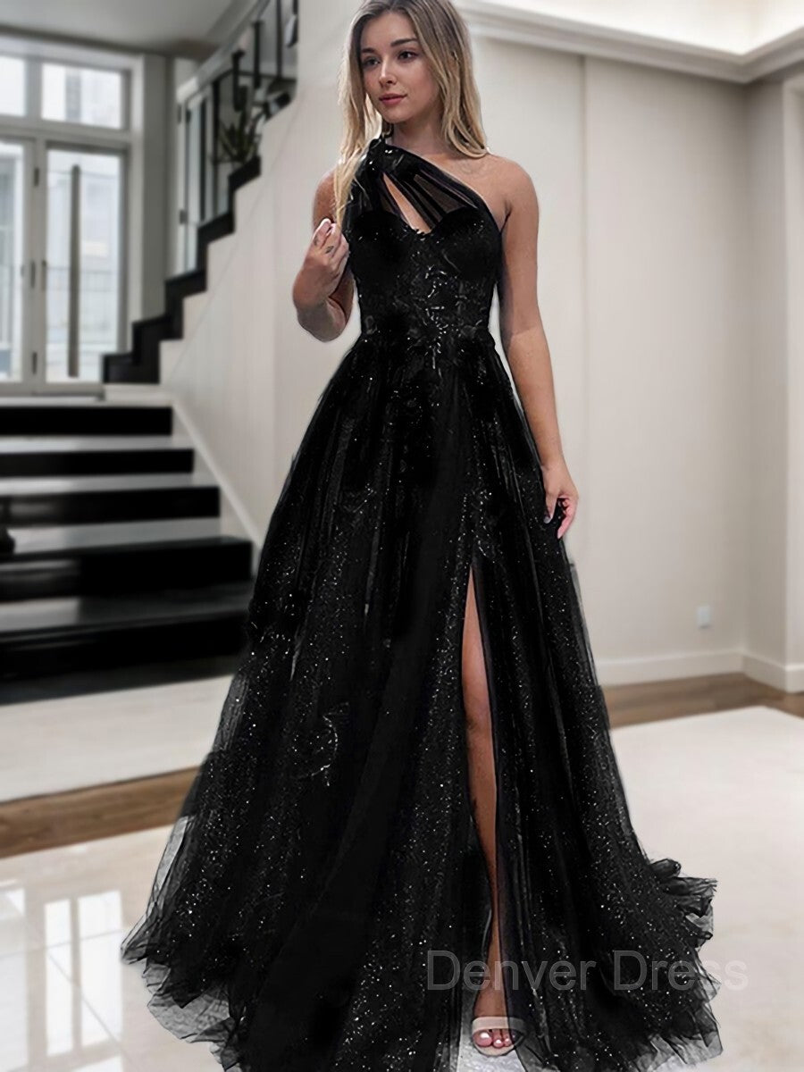 A-Line One-Shoulder Sweep Train Tulle Prom Dresses For Black girls With Leg Slit