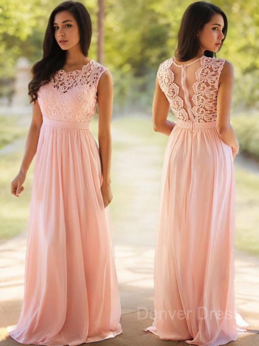 A-Line Scoop Floor-Length Chiffon Prom Dresses For Black girls With Appliques Lace