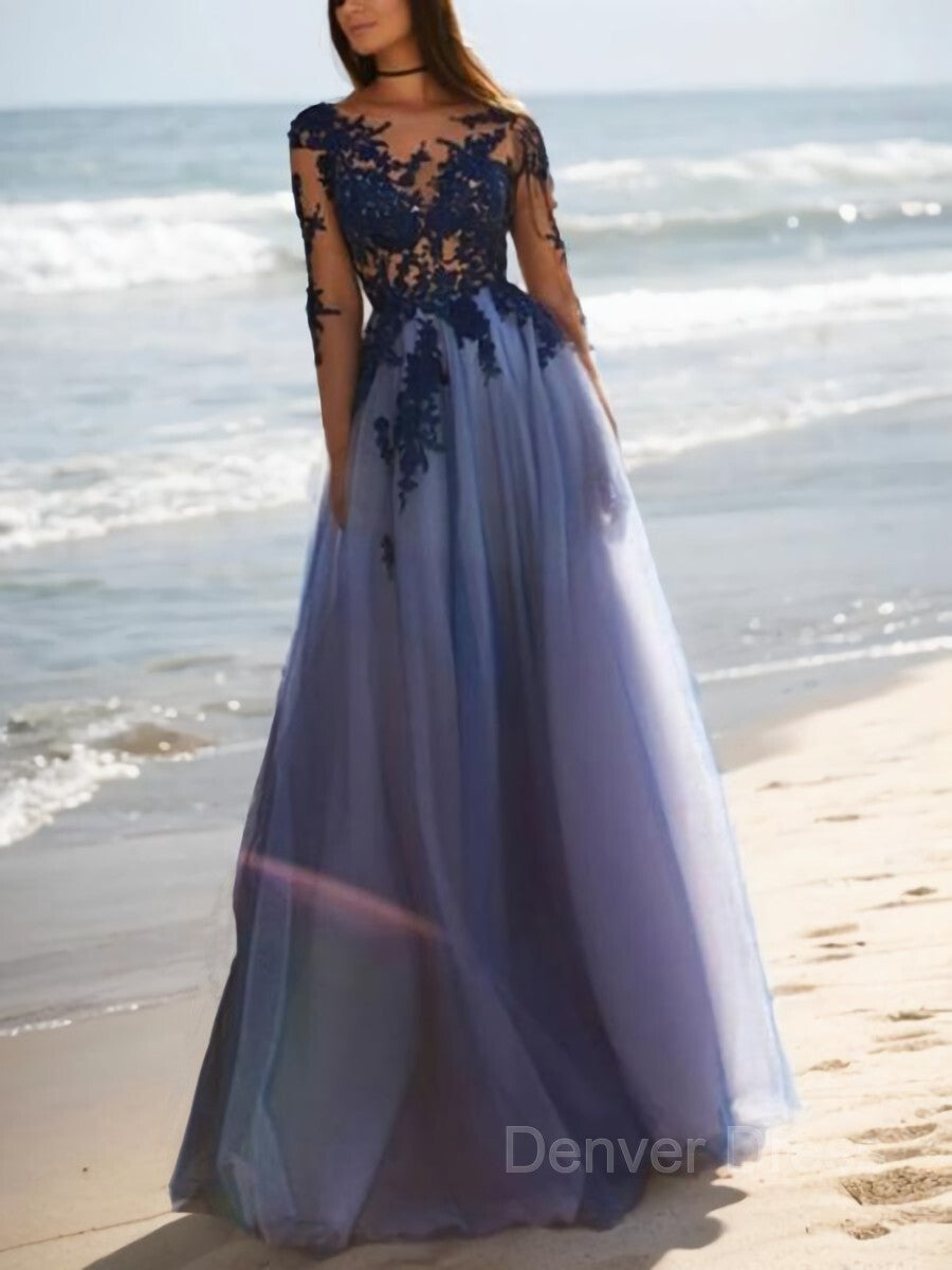 A-Line Scoop Floor-Length Tulle Evening Dresses For Black girls With Appliques Lace