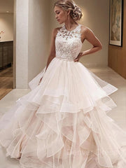 A-Line Scoop Floor-Length Tulle Wedding Dresses