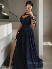 A-Line Scoop Sweep Train Satin Prom Dresses For Black girls With Leg Slit