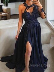 A-Line Scoop Sweep Train Satin Prom Dresses For Black girls With Leg Slit