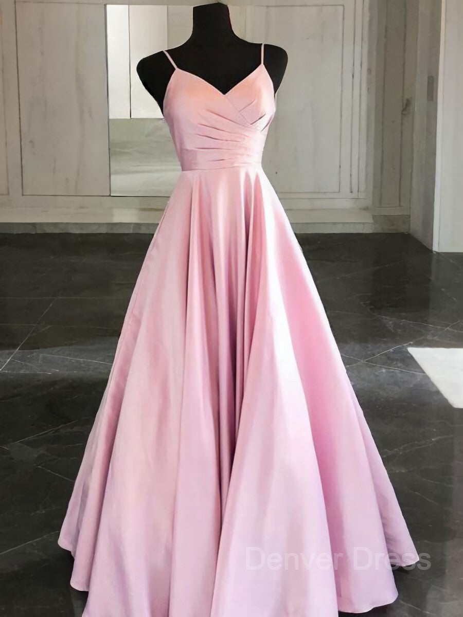 A-Line Spaghetti Straps Floor-Length Satin Prom Dresses For Black girls With Ruffles