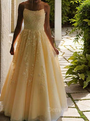 A-Line Spaghetti Straps Floor-Length Tulle Prom Dresses For Black girls With Appliques Lace