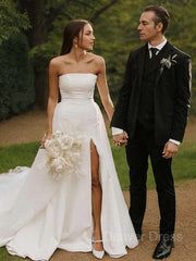 A-Line Strapless Cathedral Train Stretch Crepe Wedding Dresses For Black girls With Leg Slit