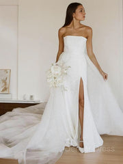 A-Line Strapless Cathedral Train Stretch Crepe Wedding Dresses For Black girls With Leg Slit
