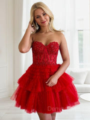 A-Line Strapless Short Tulle Homecoming Dress Outfits For Women with Cascading Ruffles