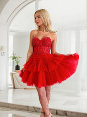 A-Line Strapless Short Tulle Homecoming Dress Outfits For Women with Cascading Ruffles