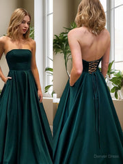 A-Line Strapless Sweep Train Satin Evening Dresses For Black girls With Pockets