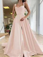 A-Line Straps Court Train Satin Prom Dresses For Black girls With Pockets