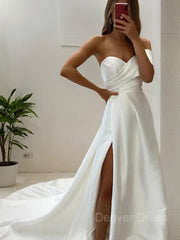 A-Line Sweetheart Court Train Satin Wedding Dresses For Black girls With Leg Slit